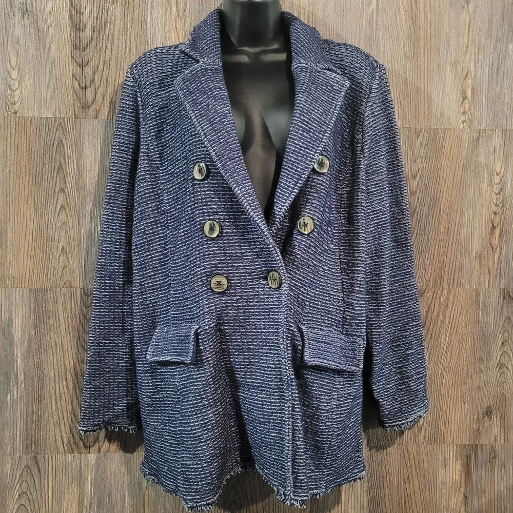 Chico's Double Breasted Jacket Size 3/XL Blue Faux-Tweed Knit Frayed Edge Office
